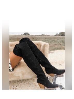New Black Rhinestone Cowboy Western Over The Knee Boot Chunky Block Heel Concert